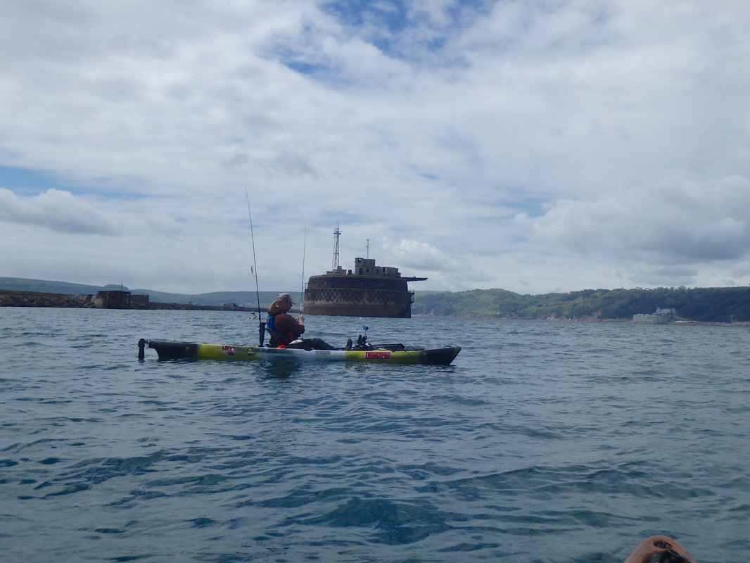 Mark Radcliffe kayak fishing at Plymouth Breakwater